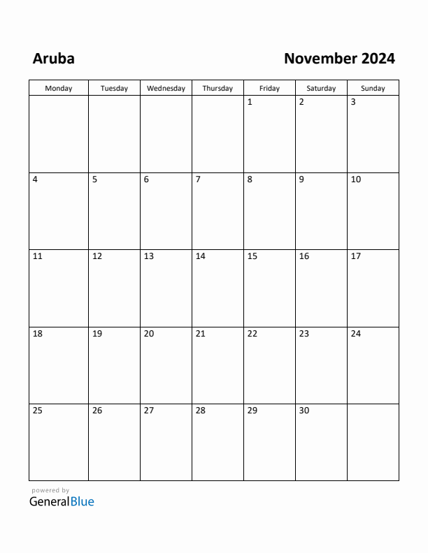 Free Printable November 2024 Calendar for Aruba