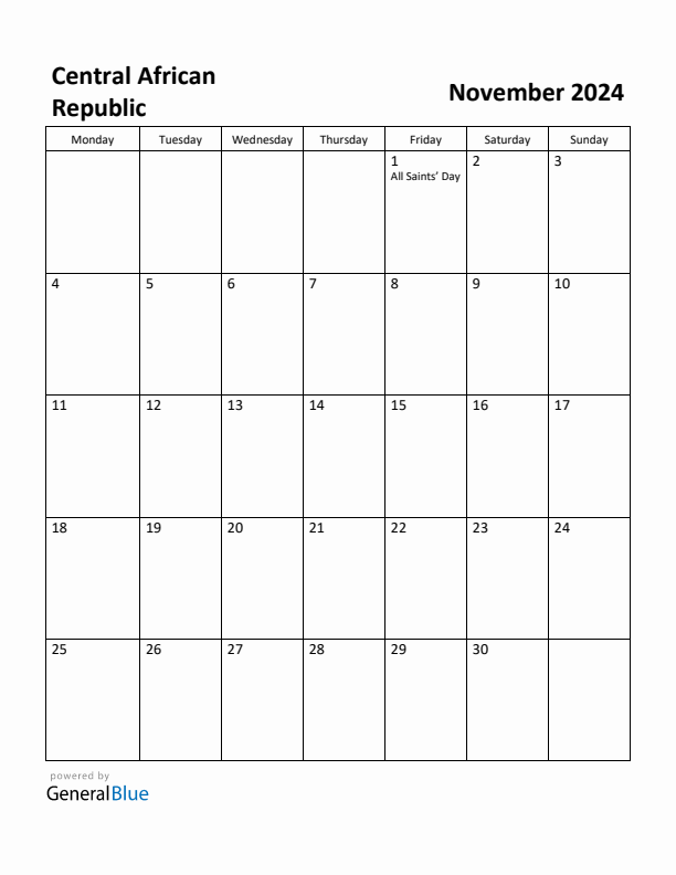 November 2024 Calendar with Central African Republic Holidays