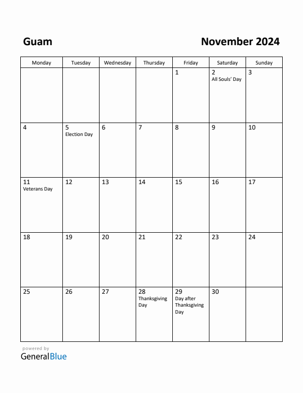 November 2024 Calendar with Guam Holidays