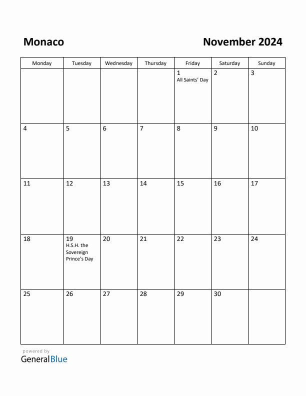 Free Printable November 2024 Calendar for Monaco