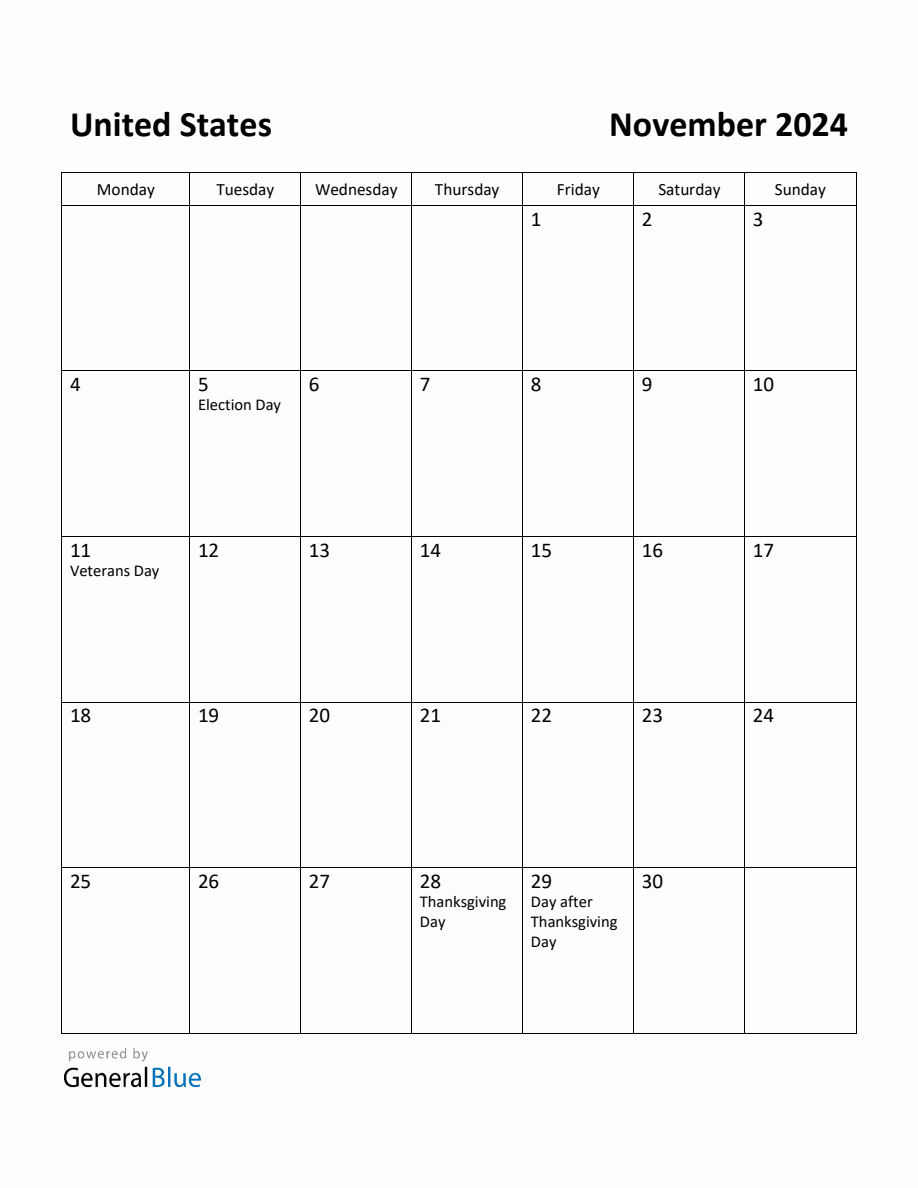 Free Printable November 2024 Calendar for United States