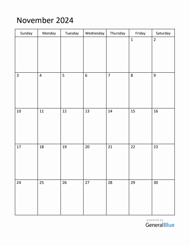 November 2024 Monthly Calendar (PDF, Word, Excel)