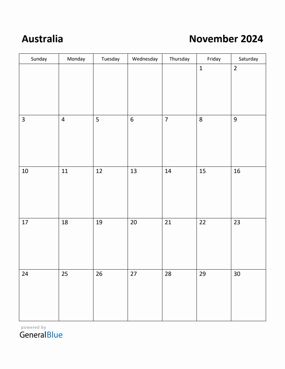 Free Printable November 2024 Calendar for Australia