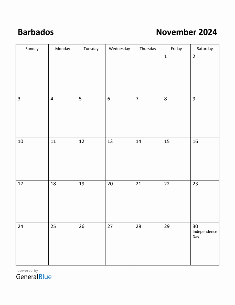 Free Printable November 2024 Calendar for Barbados