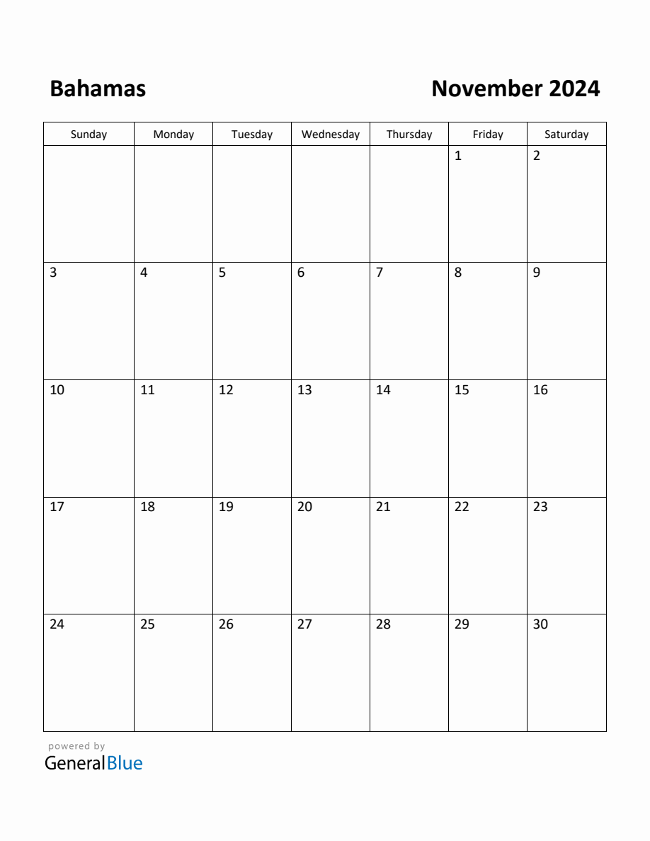 Free Printable November 2024 Calendar for Bahamas