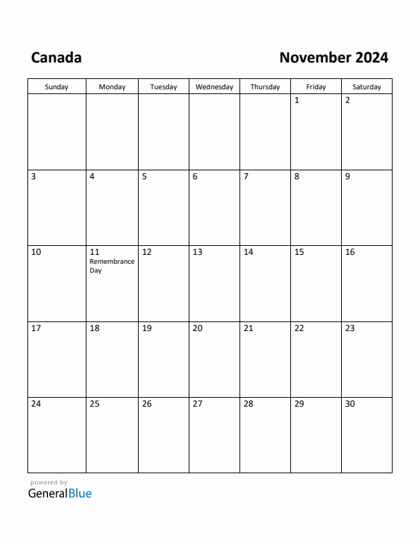 November 2024 Calendar with Canada Holidays