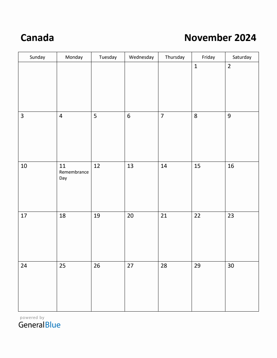 Free Printable November 2024 Calendar for Canada