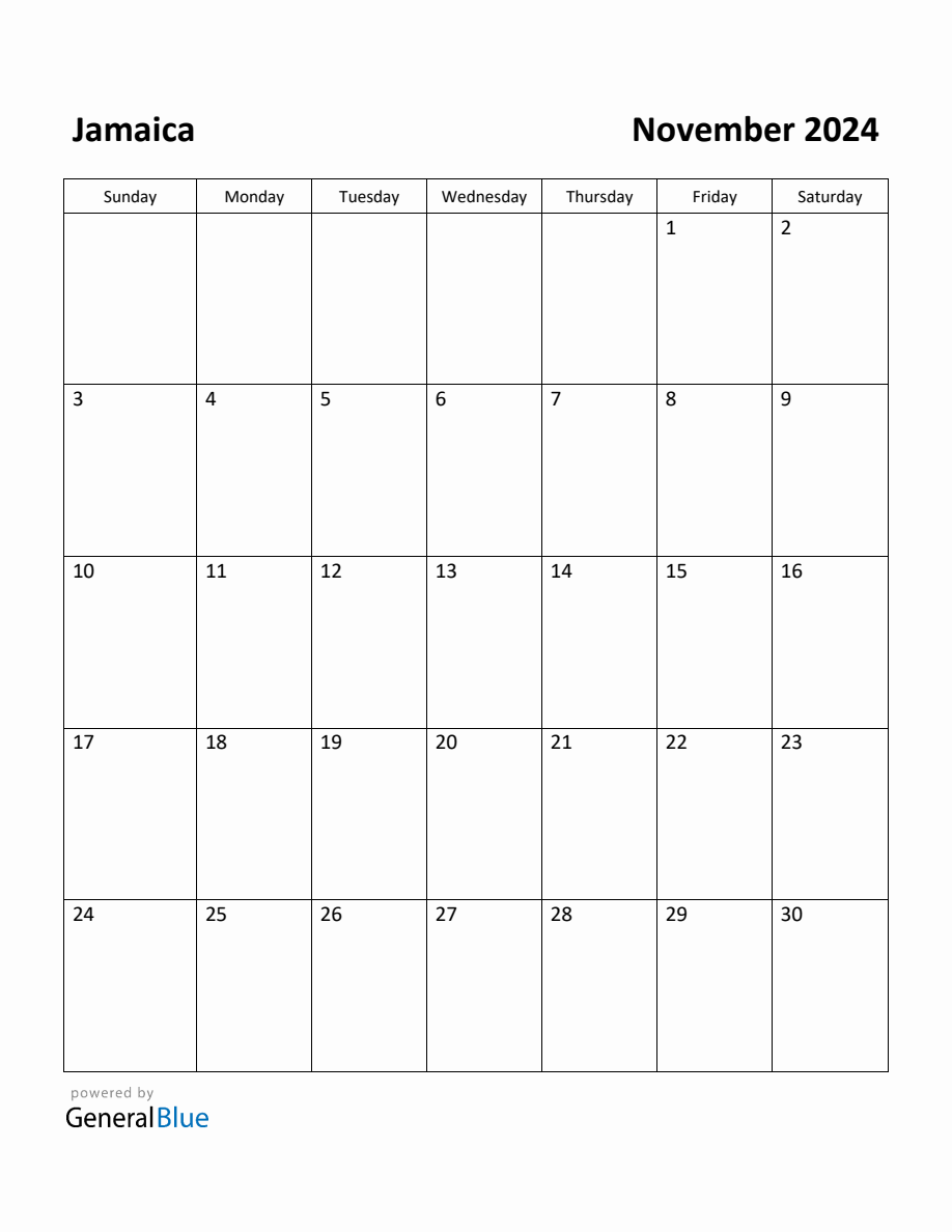 Free Printable November 2024 Calendar for Jamaica