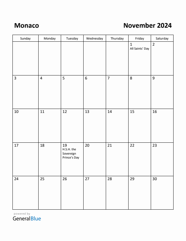 November 2024 Calendar with Monaco Holidays