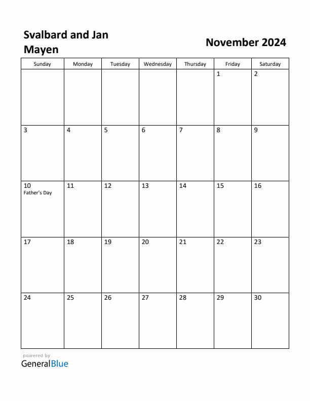November 2024 Calendar with Svalbard and Jan Mayen Holidays