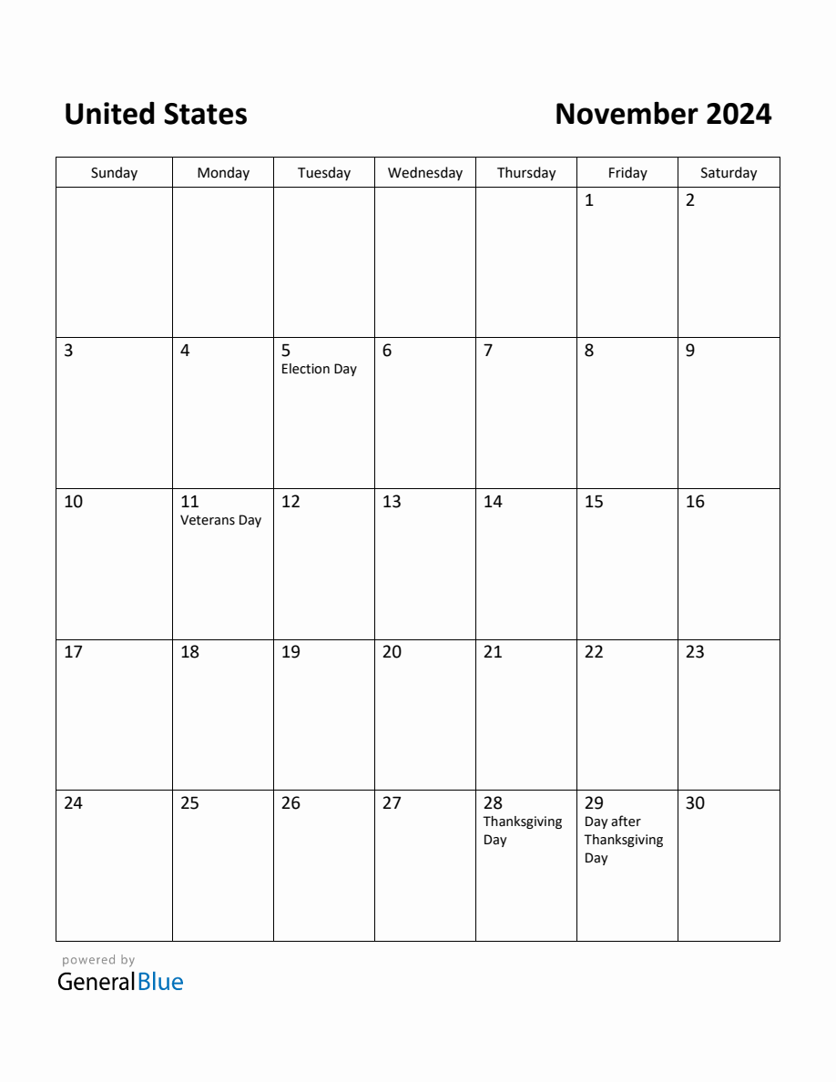 Free Printable November 2024 Calendar for United States