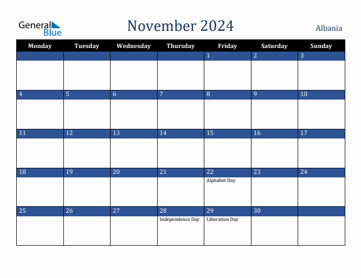 November 2024 Albania Calendar (Monday Start)