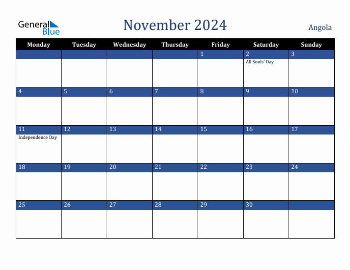 November 2024 Angola Calendar (Monday Start)