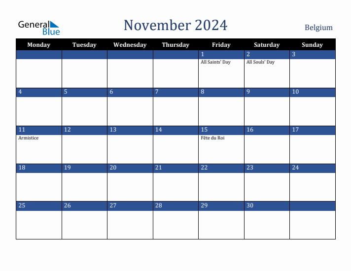 November 2024 Belgium Calendar (Monday Start)
