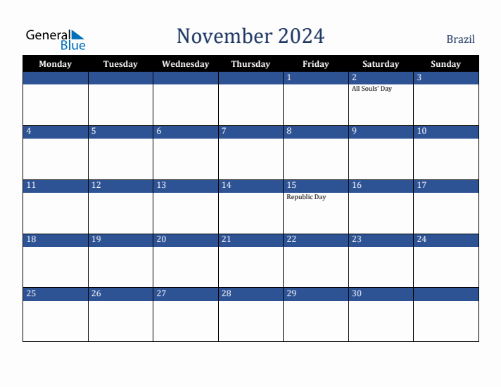 November 2024 Brazil Calendar (Monday Start)