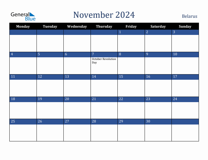 November 2024 Belarus Calendar (Monday Start)