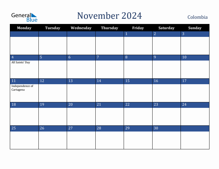 November 2024 Colombia Monthly Calendar with Holidays