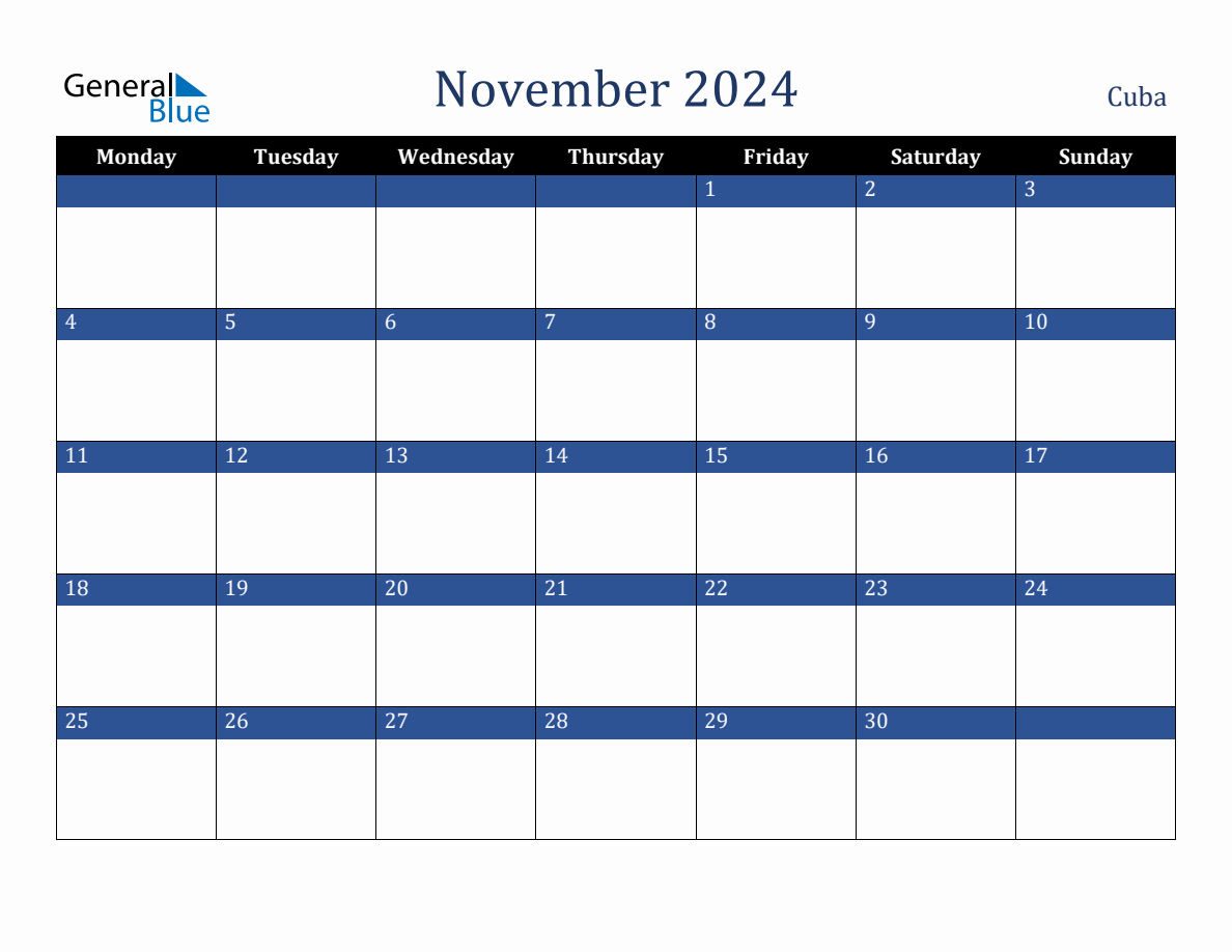 November 2024 Cuba Holiday Calendar