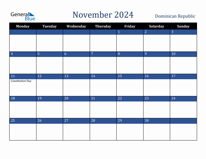 November 2024 Dominican Republic Calendar (Monday Start)