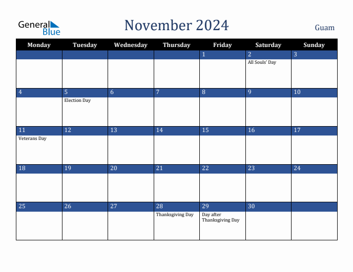 November 2024 Guam Calendar (Monday Start)