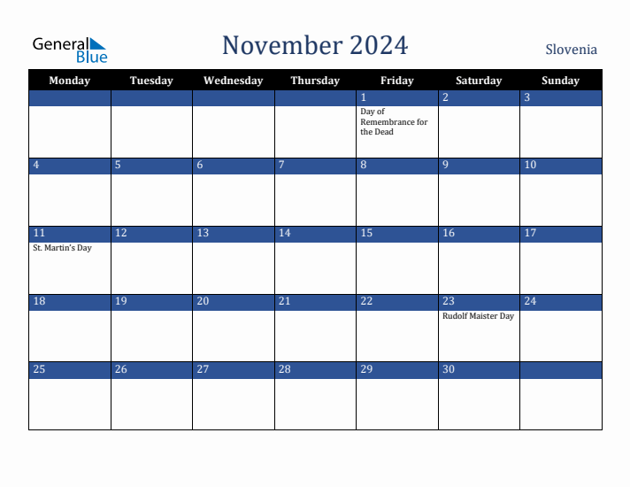 November 2024 Slovenia Calendar (Monday Start)