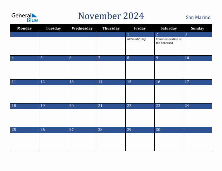 November 2024 San Marino Calendar (Monday Start)