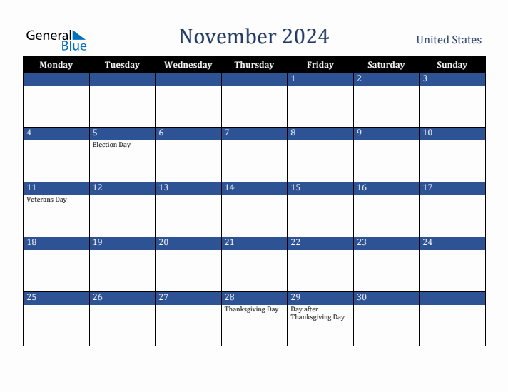 November 2024 United States Calendar (Monday Start)