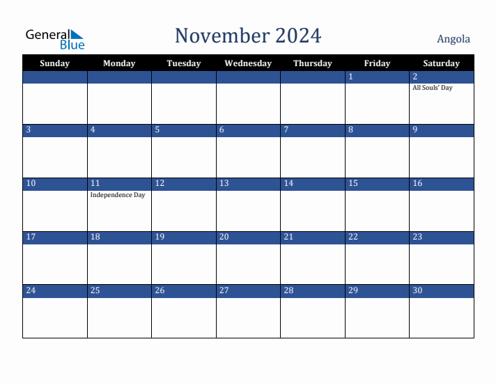 November 2024 Angola Calendar (Sunday Start)