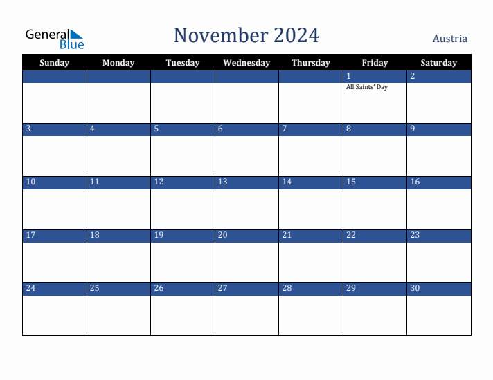November 2024 Austria Calendar (Sunday Start)