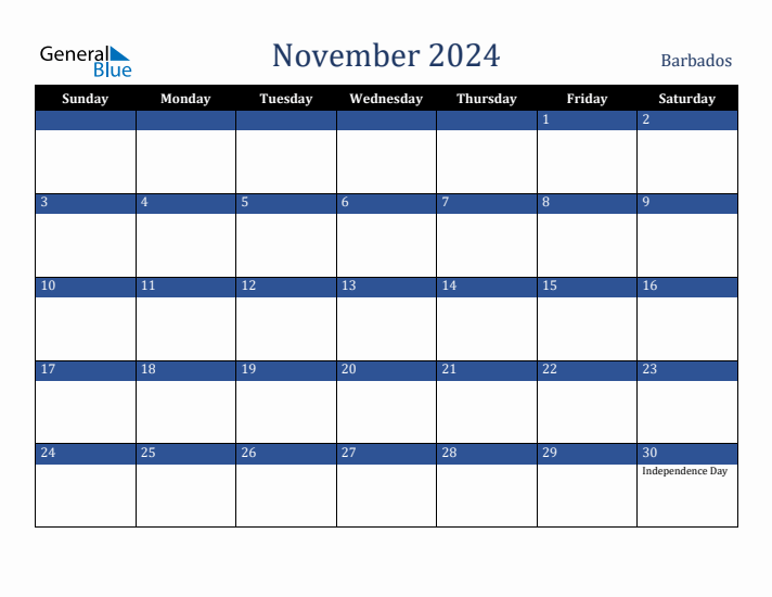November 2024 Barbados Calendar (Sunday Start)