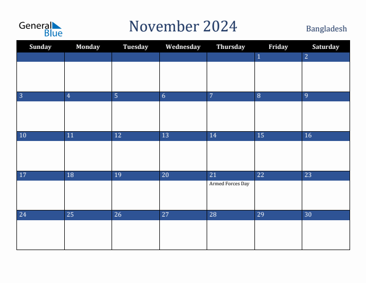 November 2024 Bangladesh Calendar (Sunday Start)