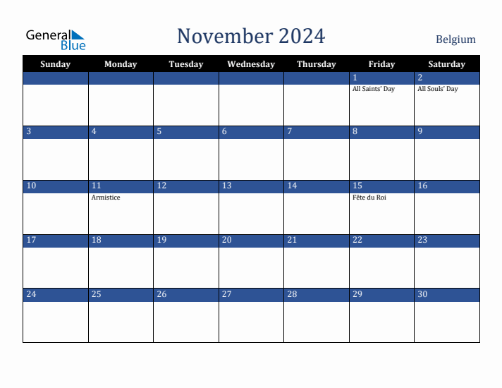 November 2024 Belgium Calendar (Sunday Start)