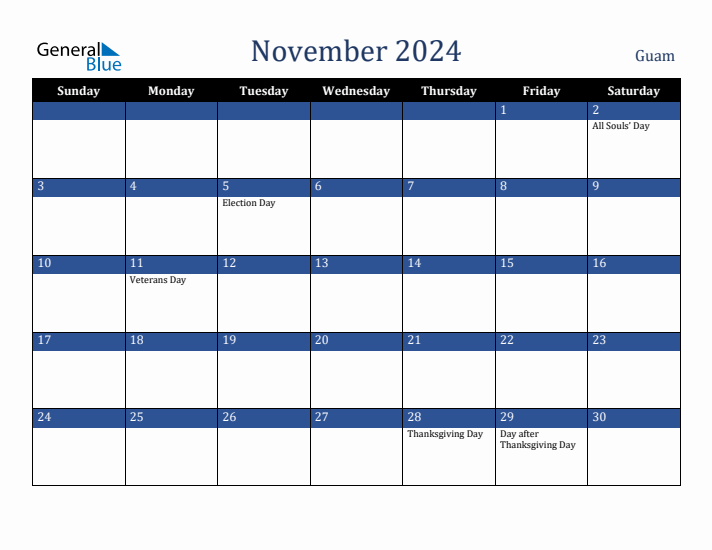 November 2024 Guam Calendar (Sunday Start)