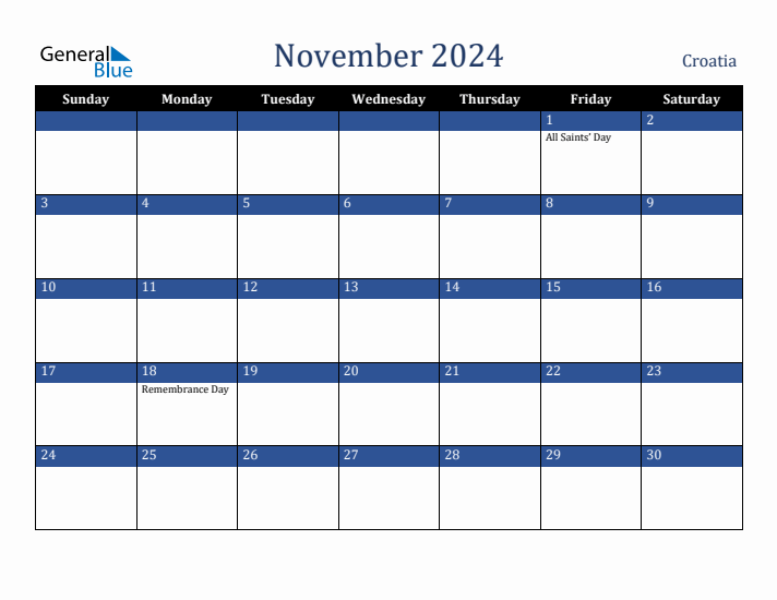 November 2024 Croatia Calendar (Sunday Start)