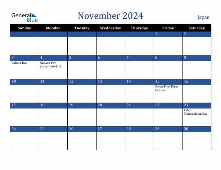 November 2024 Japan Calendar (Sunday Start)