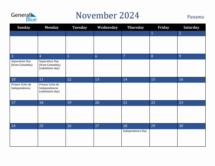November 2024 Panama Calendar (Sunday Start)