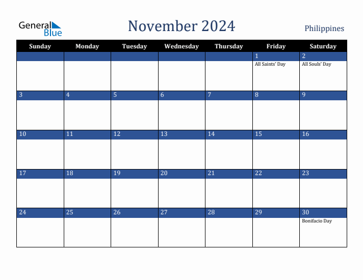 November 2024 Philippines Calendar (Sunday Start)