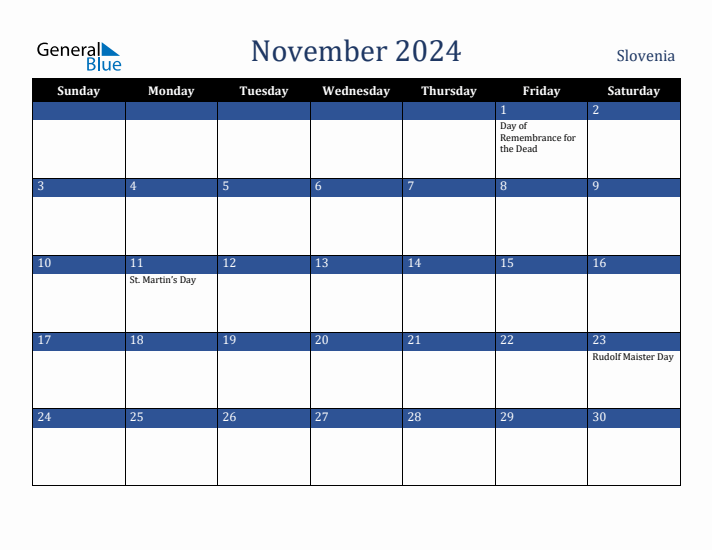 November 2024 Slovenia Calendar (Sunday Start)