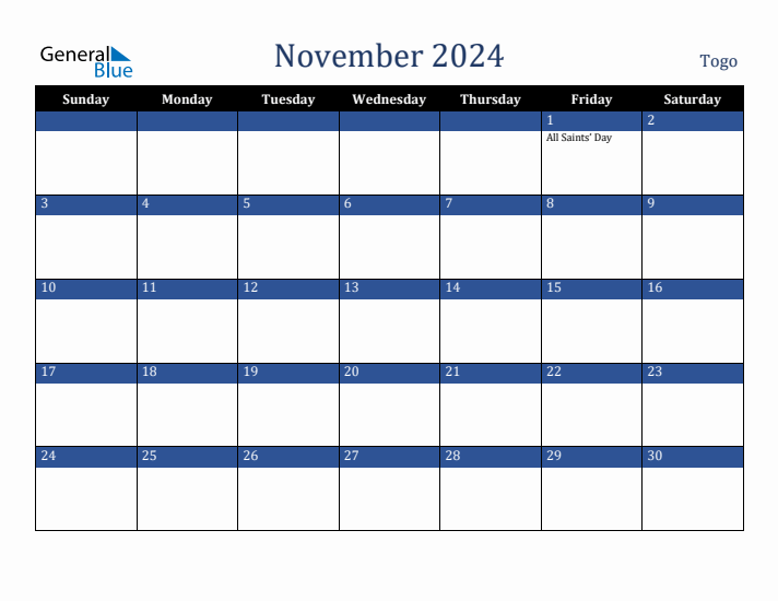 November 2024 Togo Calendar (Sunday Start)