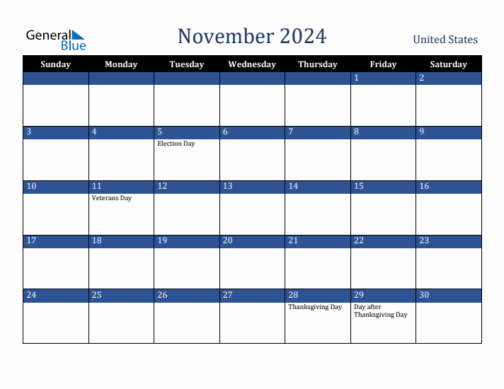 November 2024 Monthly Calendar with United States Holidays