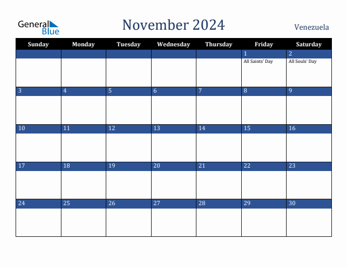November 2024 Venezuela Calendar (Sunday Start)