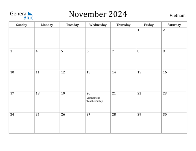 Vietnam November 2024 Calendar with Holidays