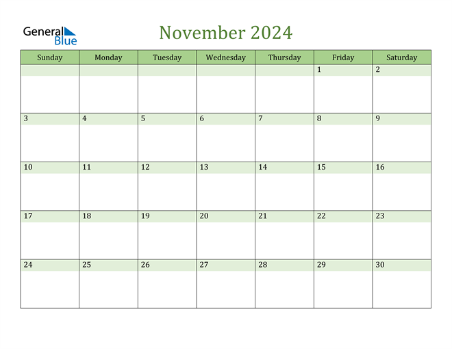 November 2024 Calendar (PDF Word Excel)