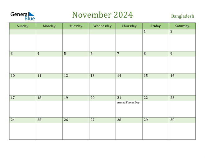 November 2024 Calendar with Bangladesh Holidays