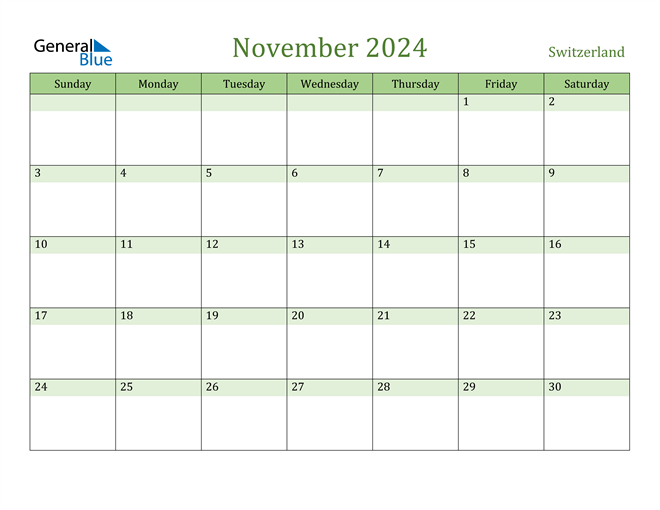 Switzerland November 2024 Calendar with Holidays