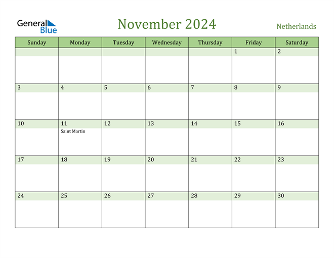 November 2024 Calendar with Netherlands Holidays
