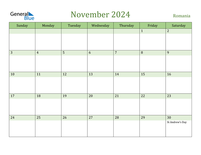 November 2024 Calendar with Romania Holidays