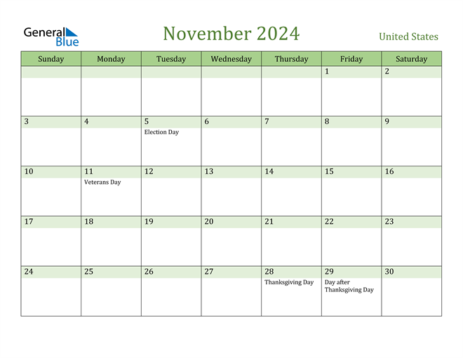 Nov 2024 Calendar With Holidays Printable Zarla Kathryne