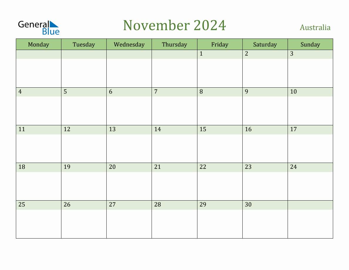 Fillable Holiday Calendar for Australia November 2024