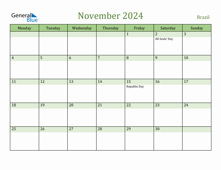 November 2024 Calendar with Brazil Holidays